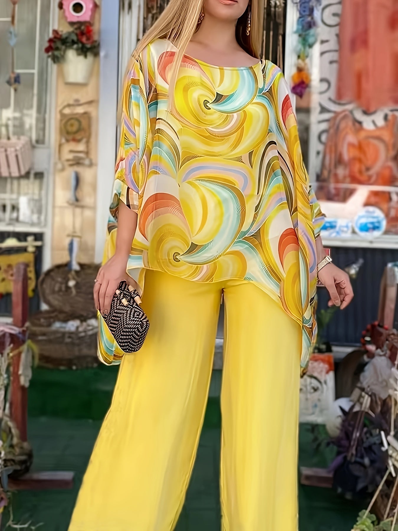 Women'S Vibrant Yellow & Multicolor Swirl Print Two-Piece Set - Loose-Fitting Long Sleeve Top & Wide-Leg Pants, Casual Spring/Summer Outfit, Polyester Blend, Casual Wear|Vibrant Print Top|Polyester Fabric